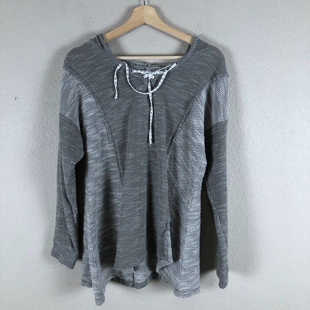 KEREN Hart Hoodie Sweater‎ Gray White Pullover Front Tie V Neck Womens Medium